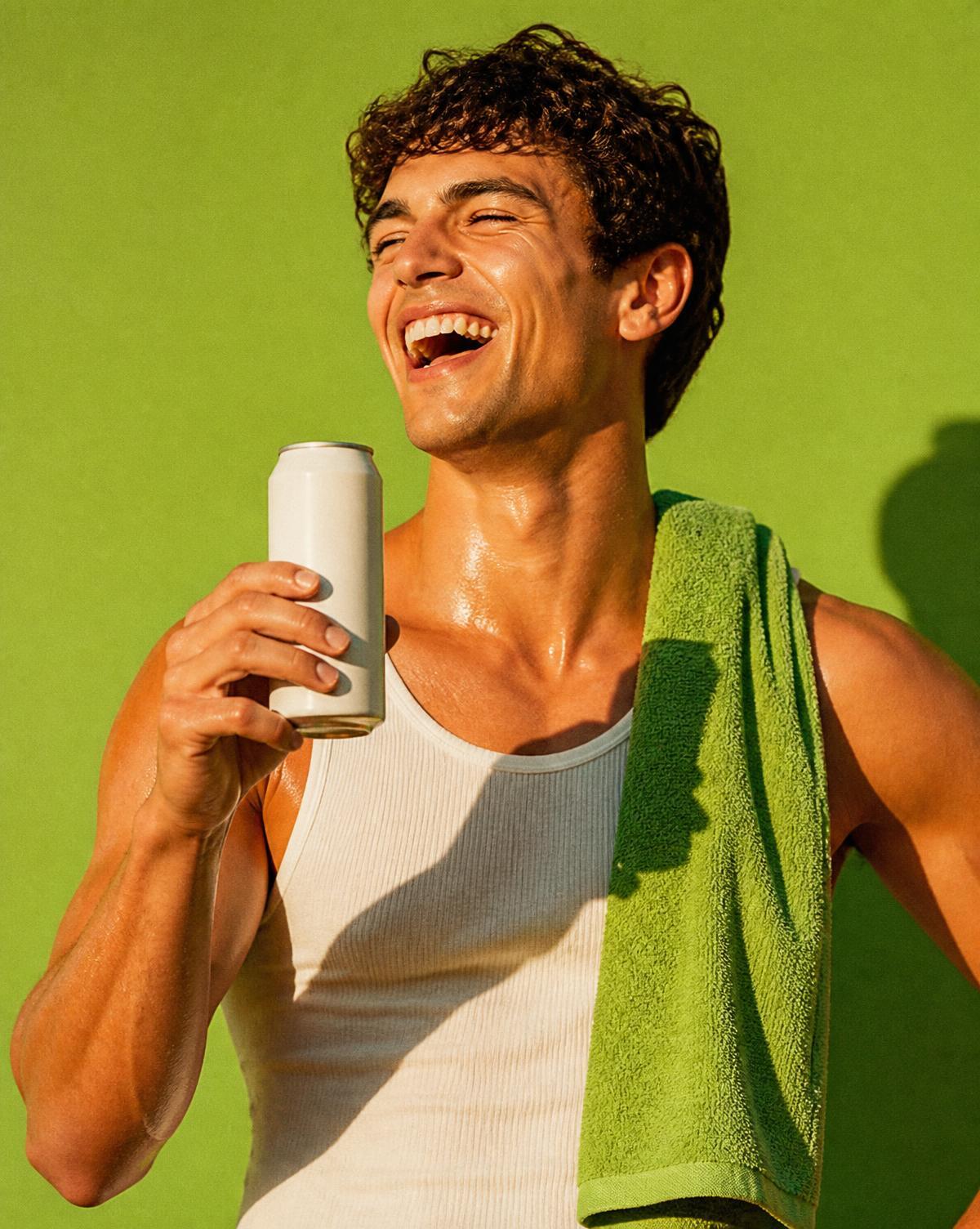 A person laughing while holding a plain unbranded drink can against a green background
