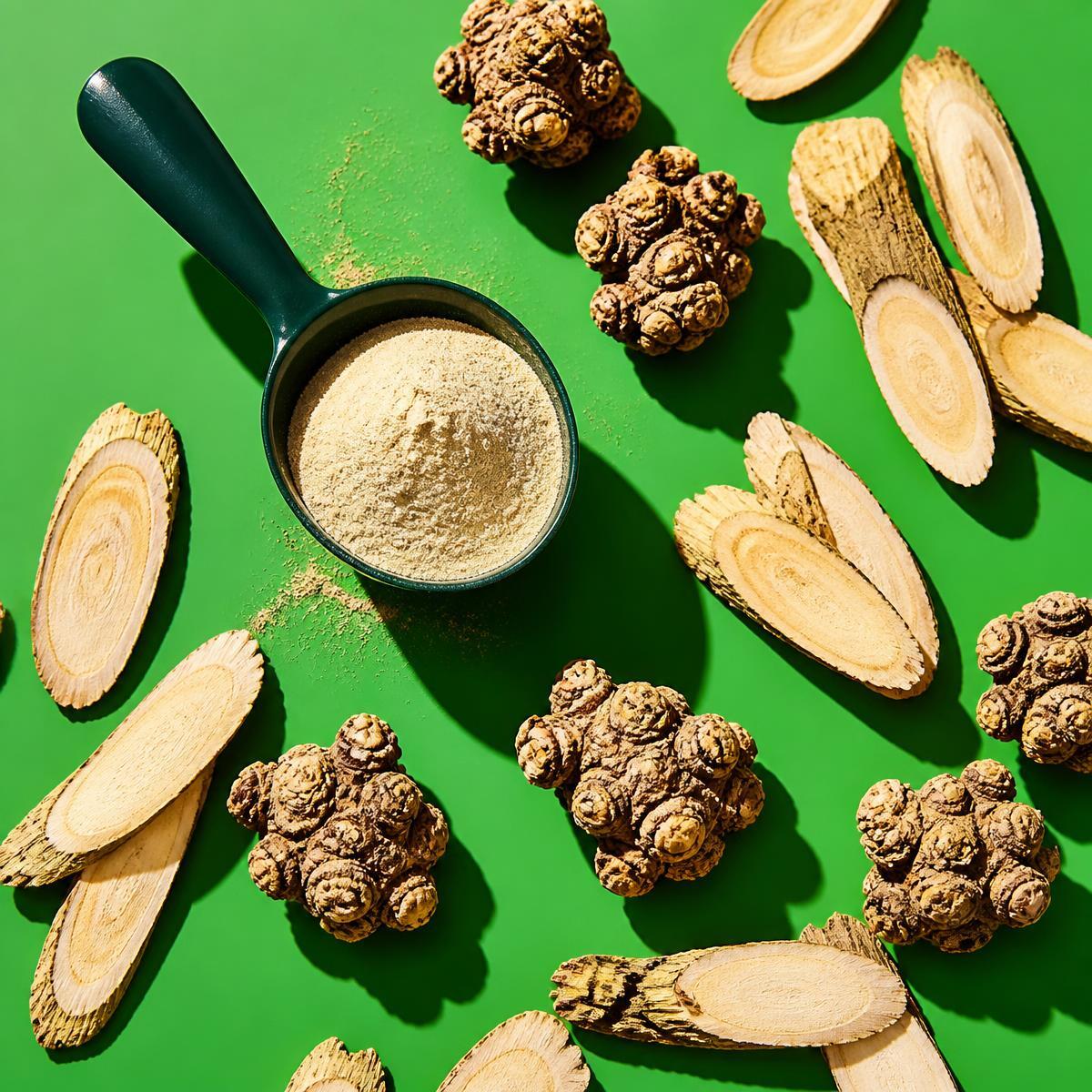 Plant roots and a scoop of light plant extract powder on a bright green background