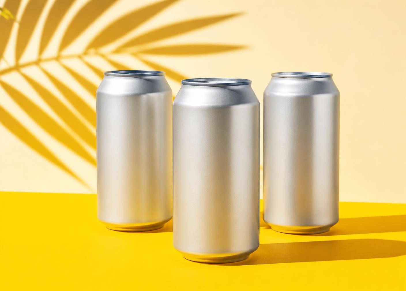 Three plain unbranded aluminium cans on a bright yellow surface